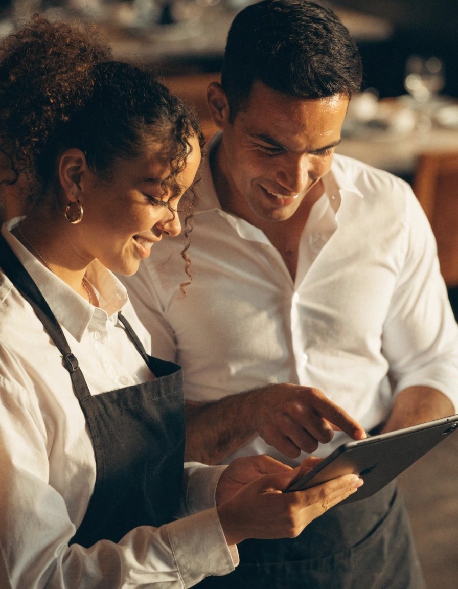 Restaurant staff reviewing their website on a tablet in the dining room