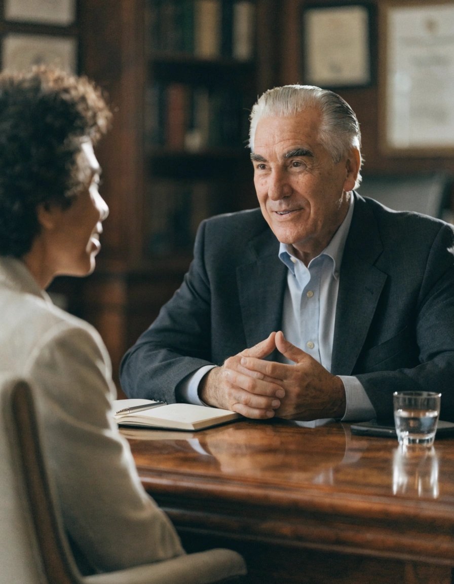 An advisor meeting with a client across the desk in a professional office