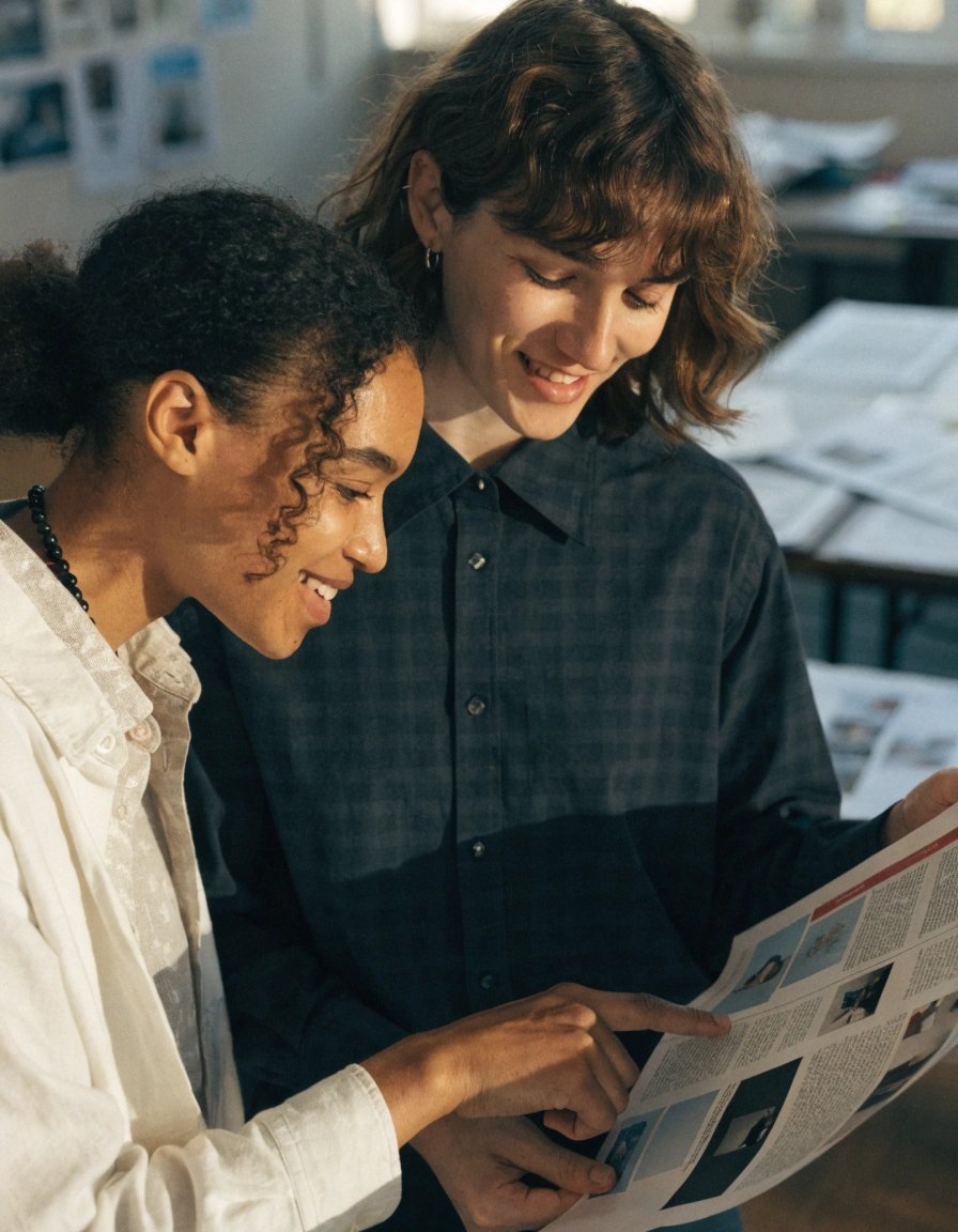 Two editors reviewing a printed magazine spread in a newsroom