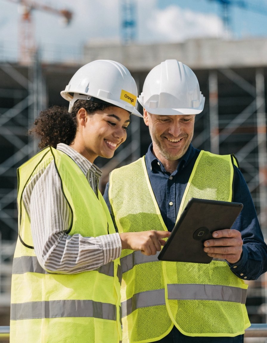 Construction crew reviewing their new website on a tablet at the jobsite